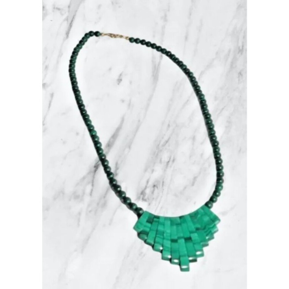Natural Green Malachite Gem Stone Beaded Women's Necklace 16"